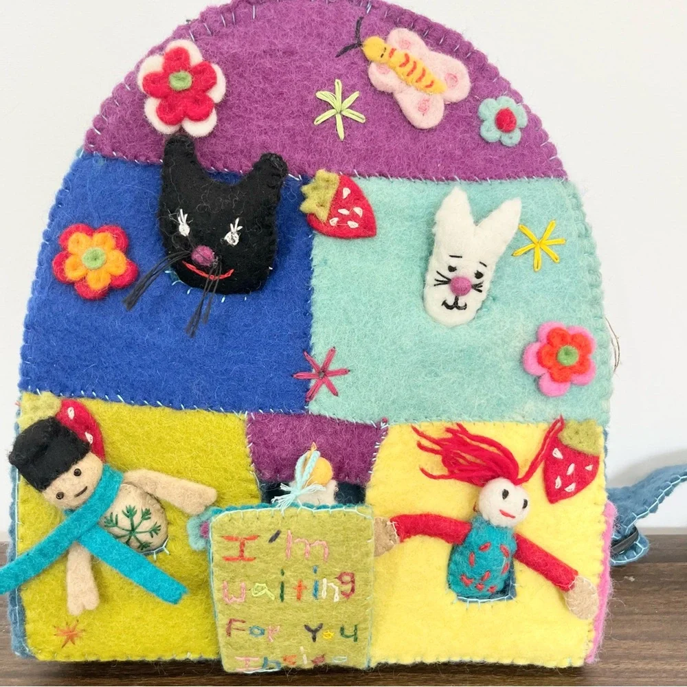 Handmade Felt Patchwork Backpack with Fun Characters and Hidden Angel Blue Rare